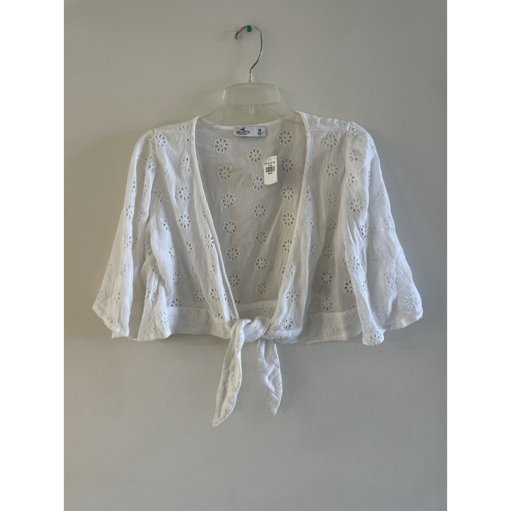 Hollister Eyelet Tie Front Crop Top Sz M Flutter Sleeve White Boho NEW!